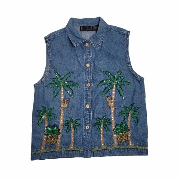 VINTAGE 90s shirt monkey palm tree embellished blue denim top L - Picture 1 of 10